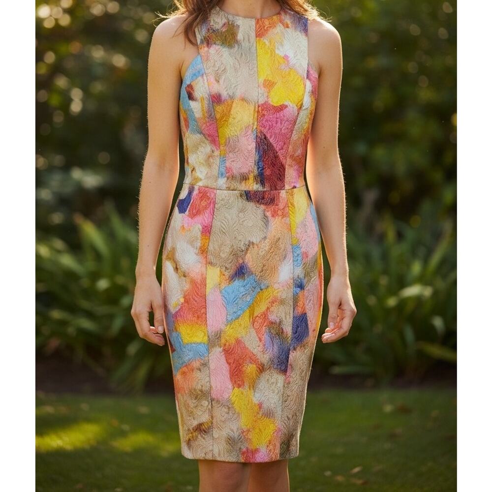 H&M Dress Womens 2 Multicolor Abstract Jacquard Sleeveless Sheath Party Cocktail